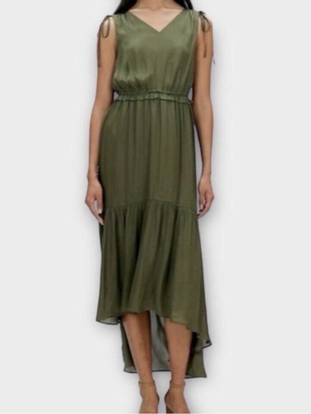 Banana Republic Olive Green High-Low Tiered V-Neck Dress